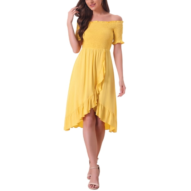 Vestidos de verano con fruncido Inspire Chic para mujer, vestido midi sin hombros con dobladillo de volantes M amarillo