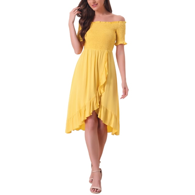 Vestidos de verano con fruncido Inspire Chic para mujer, vestido midi sin hombros con dobladillo de volantes M amarillo