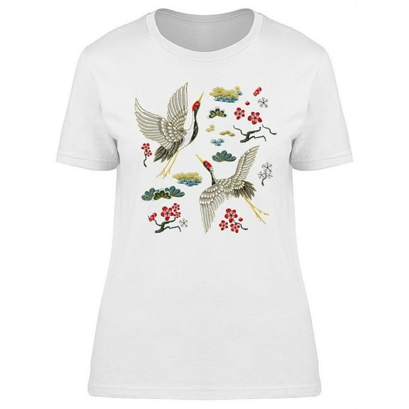 White Cranes And Red Flowers T-Shirt Women -Image by Shutterstock, Female Medium