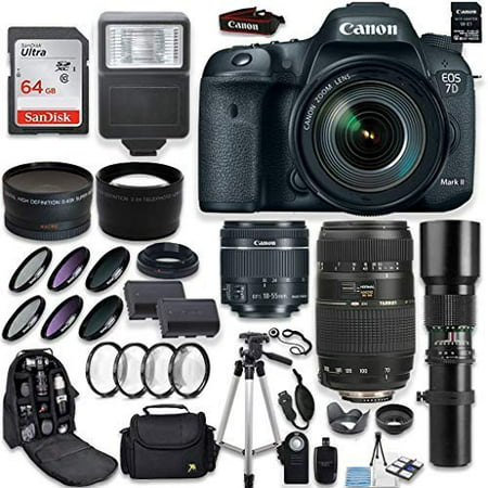 Canon EOS 7D Mark II DSLR Camera + Canon EF-S 18-55mm + Tamron 70-300mm & 500mm Telephoto Lens + Wide Angle & Telephoto Lens + Macro Filter Kit + 64GB Memory + Accessory Kit