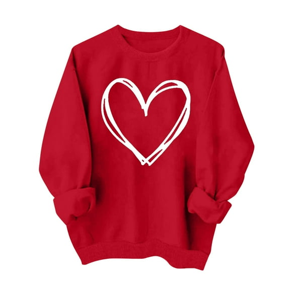 Women's Valentine's Hoodie Heart Print Cuffed Long Sleeve Crewneck Pullover Top Red-2 XL