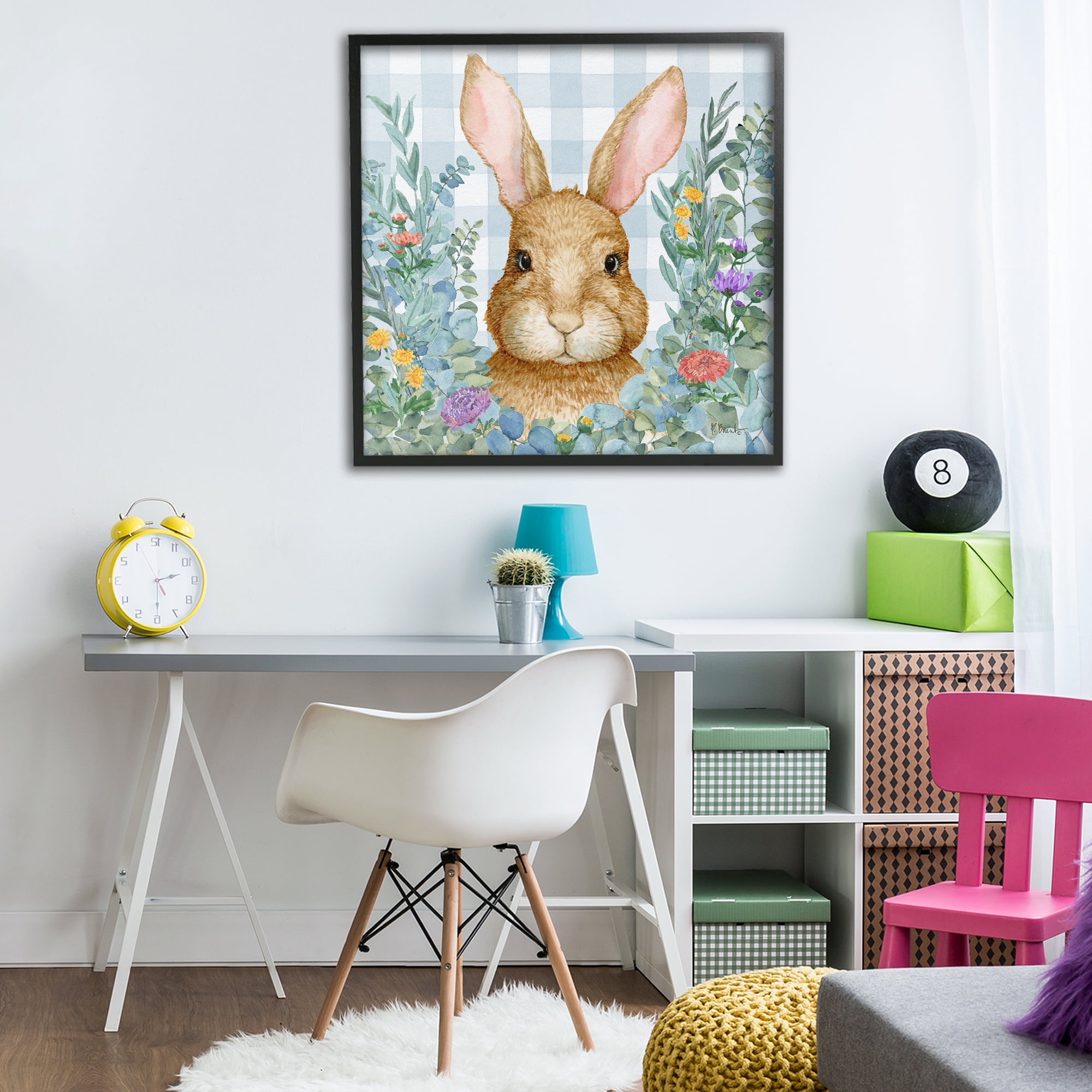 Stupell Industries Rabbit Laurel on Gingham Black Framed Giclee Art, design by Paul Brent