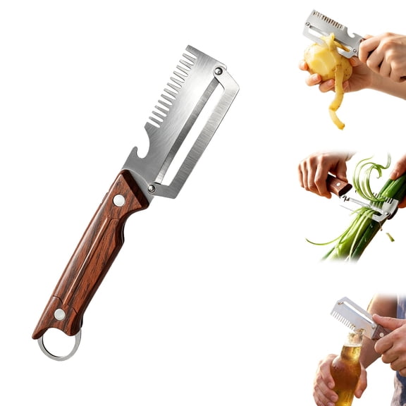 4 in 1 Multi Peeler Knife, Stainless Steel Multi-Function Vegetable Peeler with Wooden Handle for Kitchen Prep