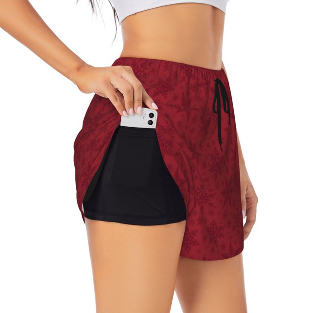 Balery Christmas Red Snowflakes Pantalones cortos deportivos para mujer con forro y dos bolsillos, elásticos, para entrenamiento, gimnasio, yoga-Small