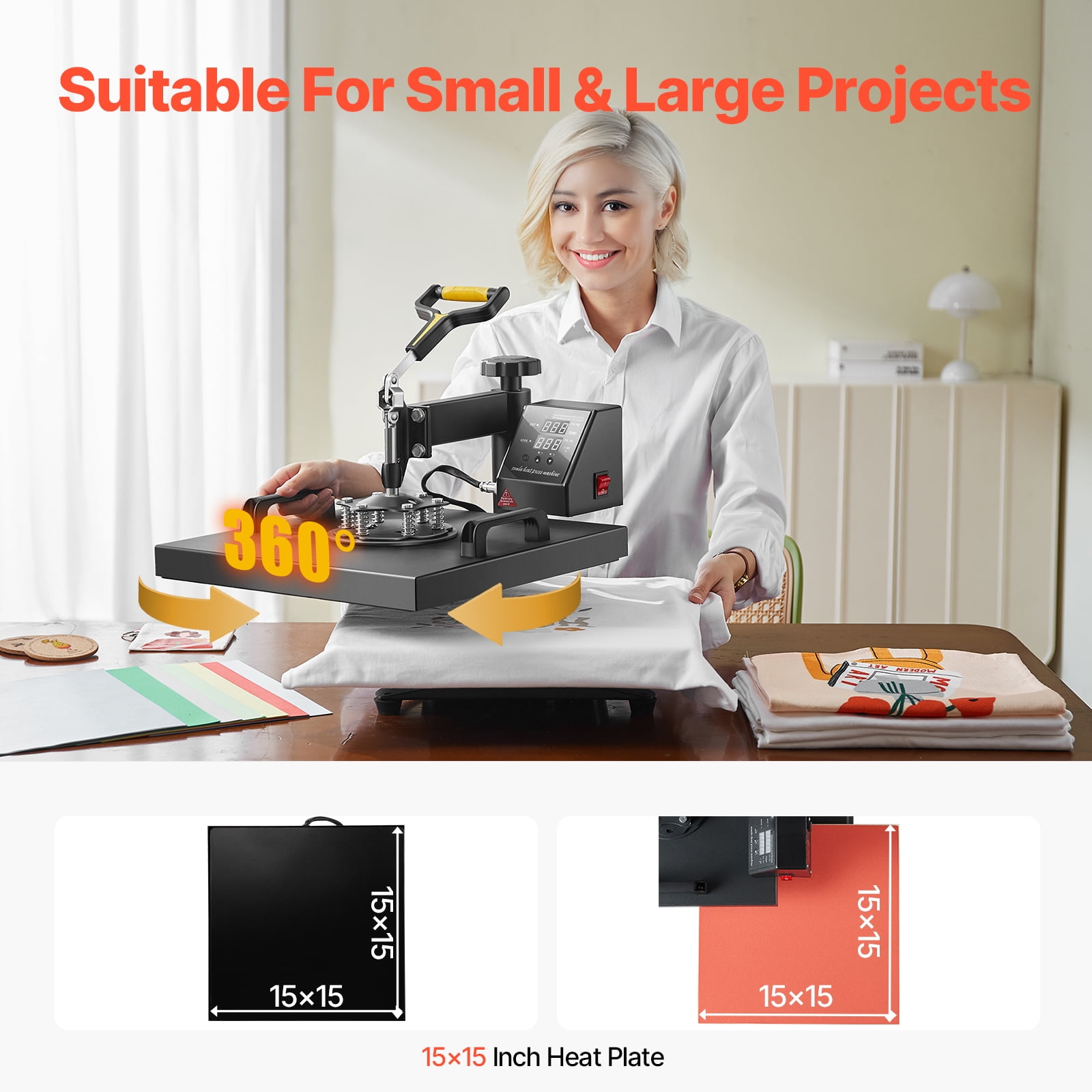 KFFKFF Heat Application Device, Dimensions 15 x 15 inch, Dual Functionality with Cap Press, 360° Rotating Tee-Shirt Application, Digitally Accurate Control, Quick Uniform Warming for Tees/Hats, Black