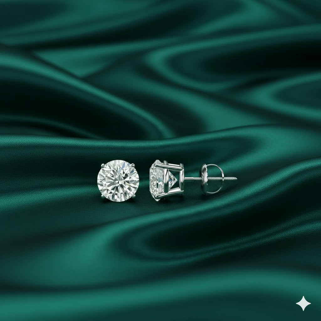 Brilliance Jewels 4 Prong Diamond Round Shaped Screw Back Stud Earrings For Women In 14K Gold Plating Over Silver