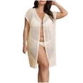 thumbnail image 2 of Women's Plus Size V Neck Open Front Cardigan Swimsuit Cover Up Hollow out Mesh Beach Lightweight Breathable Coverups for Swimwear Womens Cover Ups Skirt Beige One Size, 2 of 6