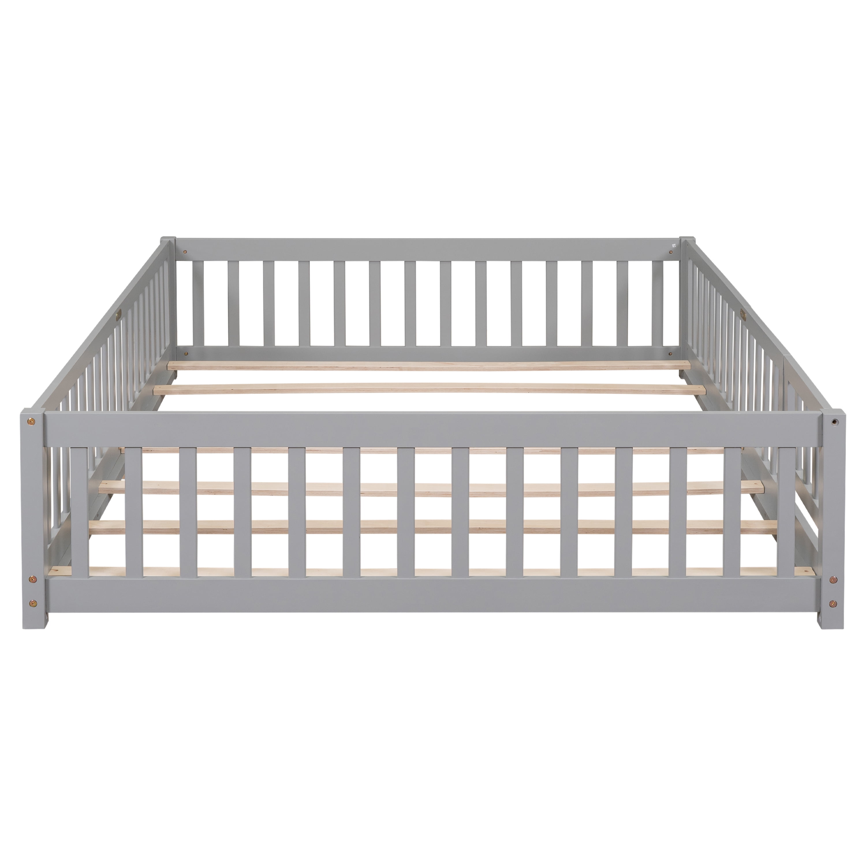 Miniyam Wood Queen Size Floor Bed with Safety Guardrails for Toddler, Gray