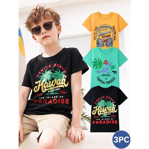 HILEELANG Kids Boys T-Shirts 3 Pack, 100% Cotton Short Sleeve Te for 6-12Y, Vintage Hawaii Surf & Music Theme Summer Tops for Teen Boys