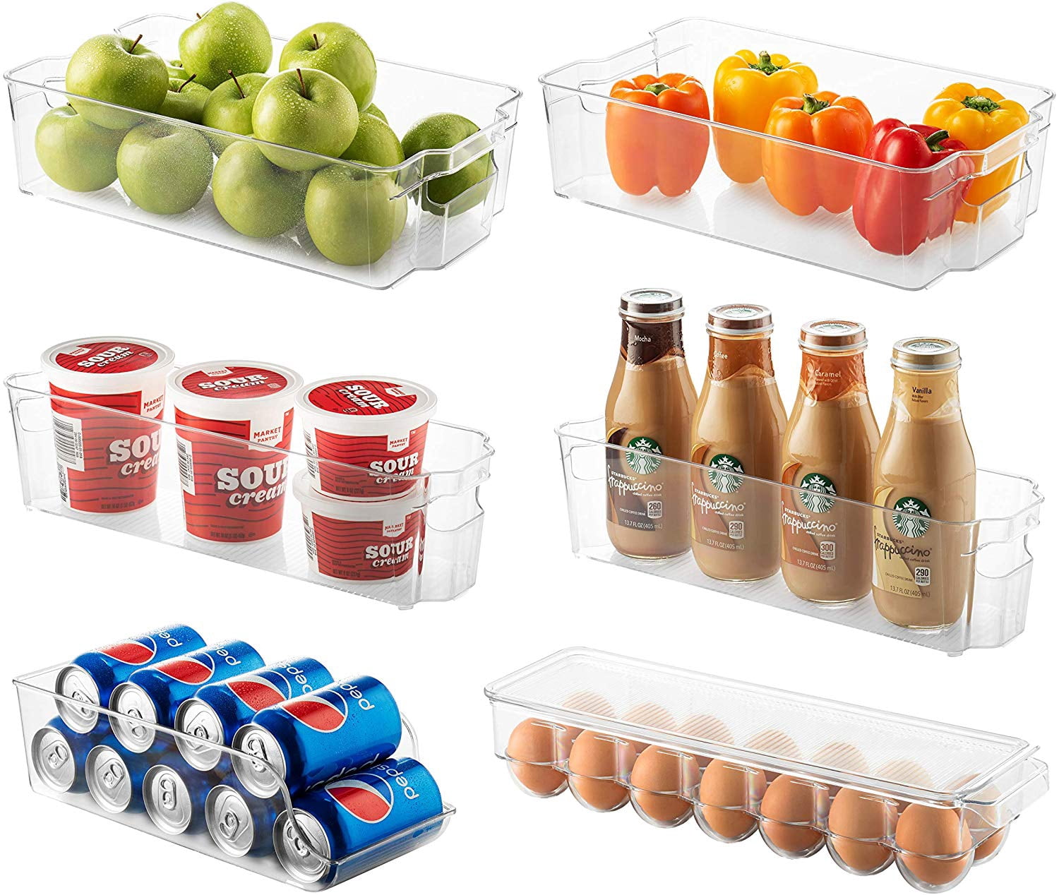 Set of 6 Refrigerator Organizer Bins - Stackable Fridge Organizers for Freezer, Kitchen, Countertops, Cabinets - Clear Plastic Pantry Storage Racks