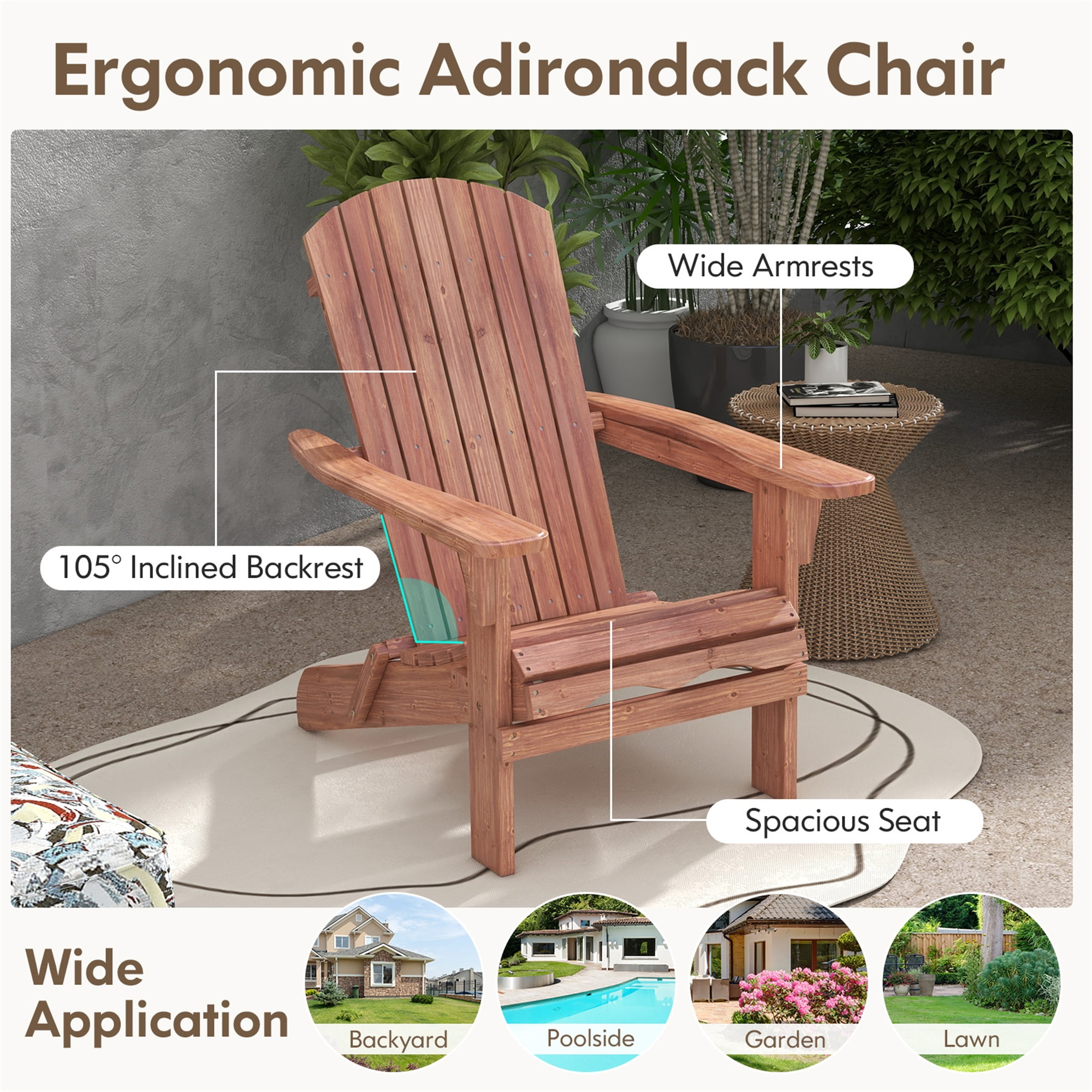 Gymax Folding Adirondack Chair Set of 2 w/ High Backrest & Wide Armrests Wooden Brown
