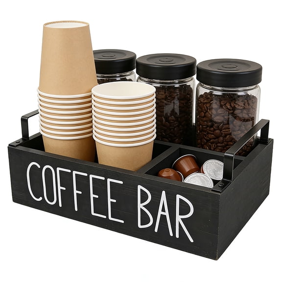 Coffee Station Organizer for Countertop, Wooden Coffee Bar Organizer with Handles, Countertop Coffee Station Organizer