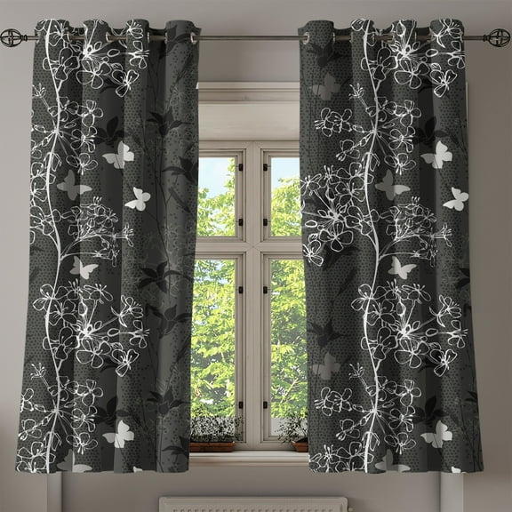 Ambesonne Sakura Grommet Curtain, Muted Lily and Butterfly Art, 50"x60", Charcoal Grey Pale Grey