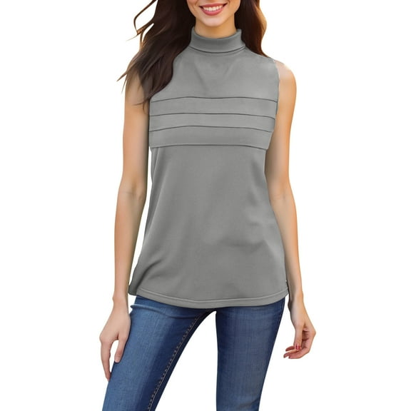Lenpel Sleeveless T Shirts for Women Plus Size Mock Turtleneck Neck Pleated Front Slim Tank Tops Soft Casual Tunic Blouses