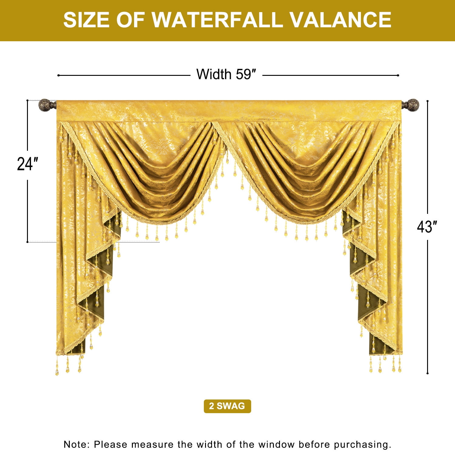 VOGOL Modern Waterfall Swag Valance for Bedroom, Bright Yellow Textured Stripe Printing Velvet Curtain with Beaded Tassels, Vintage Rod Pocket Design, 43x59 Inches, 1 Piece