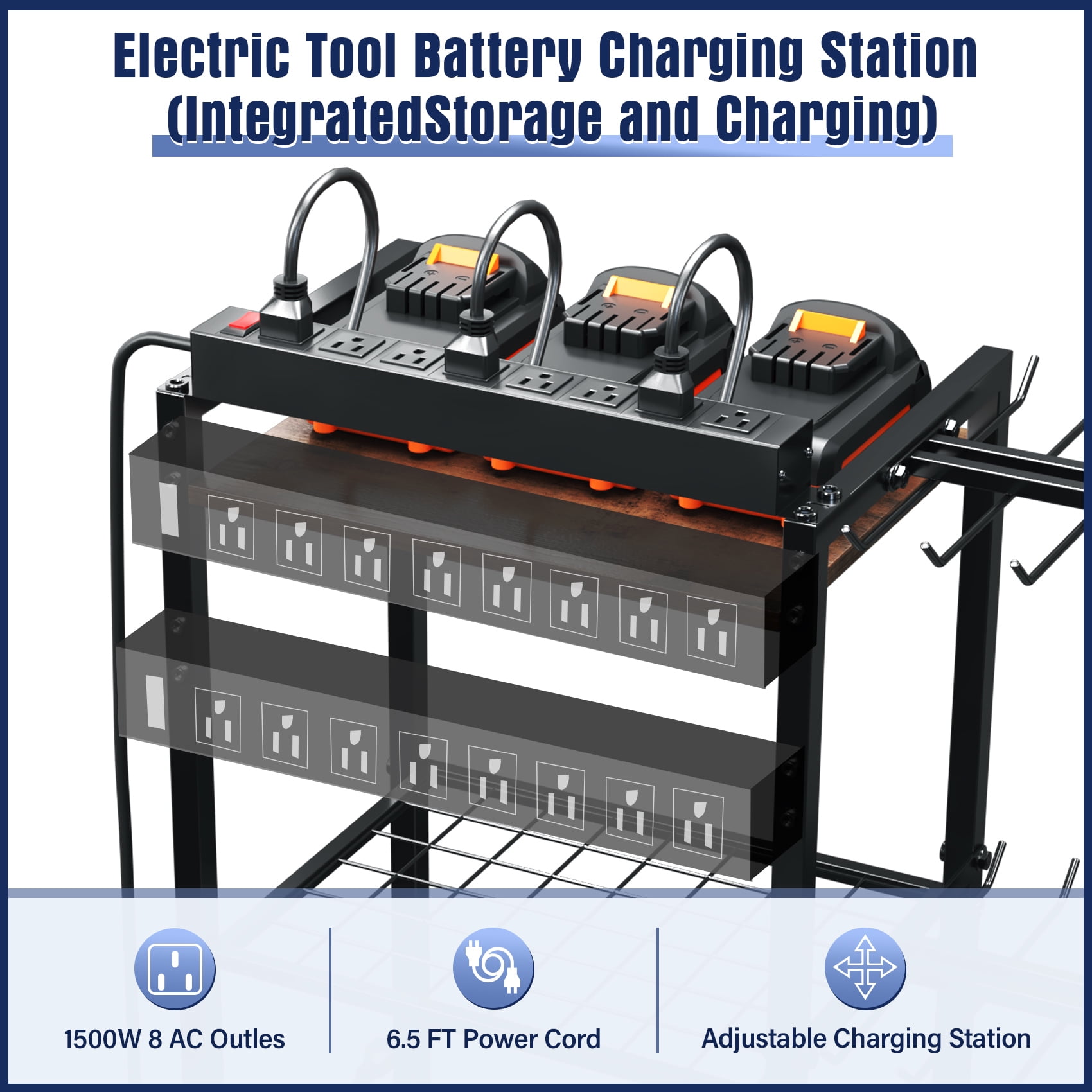TC-HOMENY Movable Power Tool Organizer Cart w/ 8 Outlets Charging Station, 28 Power Drill Tool Garage Battery Storage Rack, Heavy Duty 3-Tier Tools Organizer, Festive Gifts for Men Dads Father