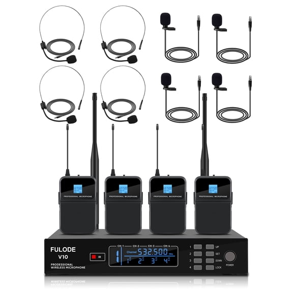 4 Channel Wireless Lapel Microphone, Set of 4 Headset & Lavalier Mics with 4x50 Adjustable Frequency UHF Metal Receiver, 300ft Range Microphone System for Church, Karaoke, Preaching, Wedding