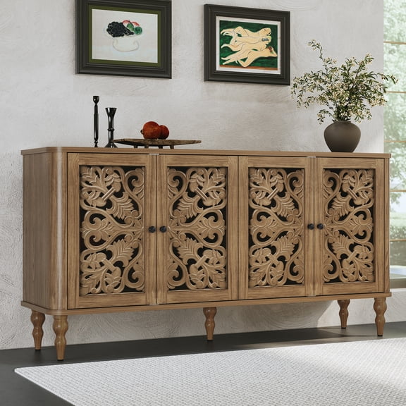 HLR 63"W Mid Century Accent Cabinets, Sideboards Buffets Cabinet with 4 Doors Storage for Dining Room, Brown