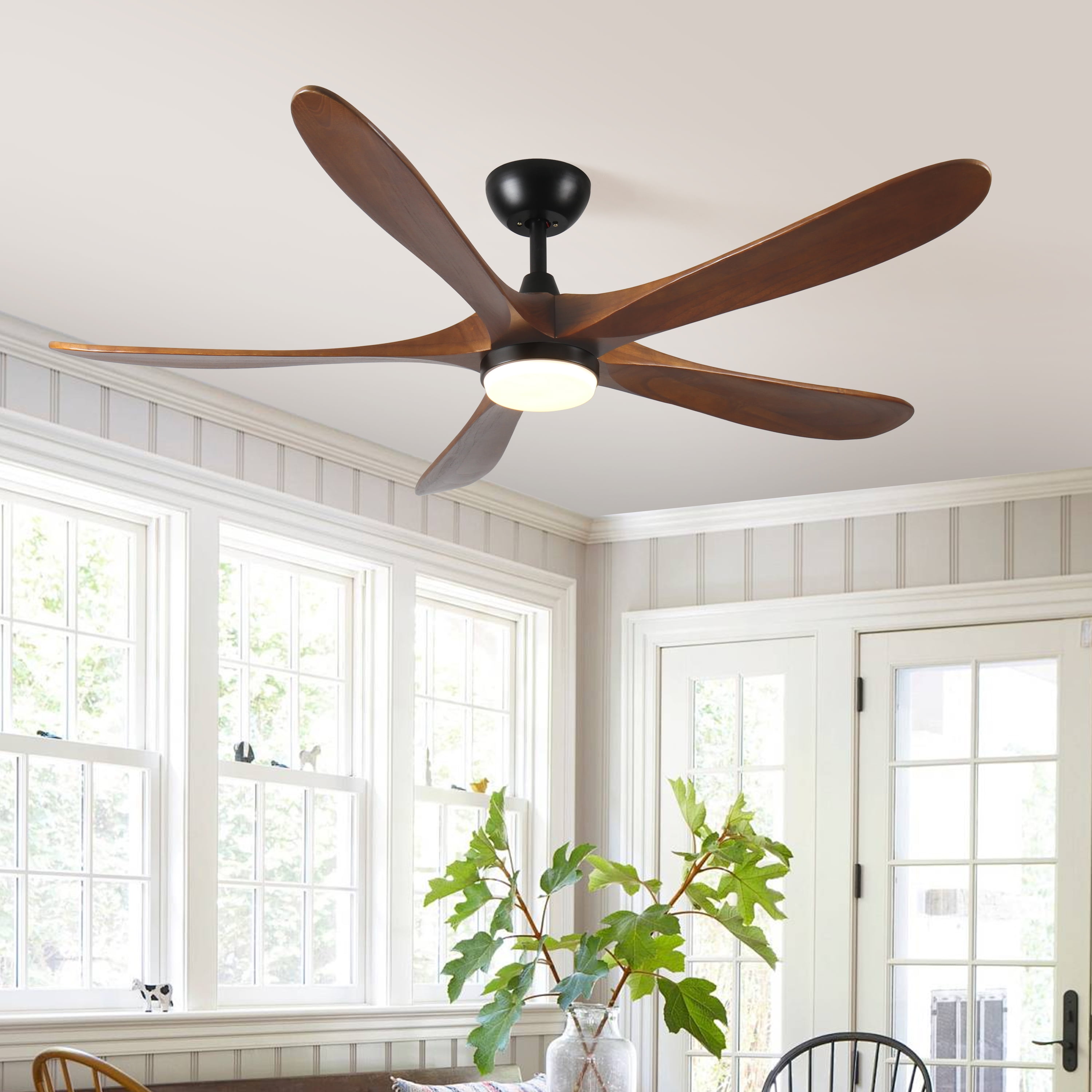 Ceiling Fan with Lights, 62 Inch Solid Wood LED Remote Ceiling Fan for Patio Bedroom Farmhouse Household, Antique Brown