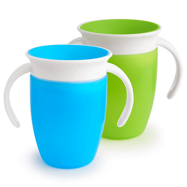 Vaso entrenador con asas, antiderrames, 240 ml, paquete de 2, verde/azul