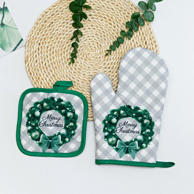 Manoplas y almohadillas aislantes de Papá Noel Juego de aislamiento para cocina y repostería Manoplas aislantes de franela para horno Almohadillas aislantes Adornos para árbol de Navidad con cord