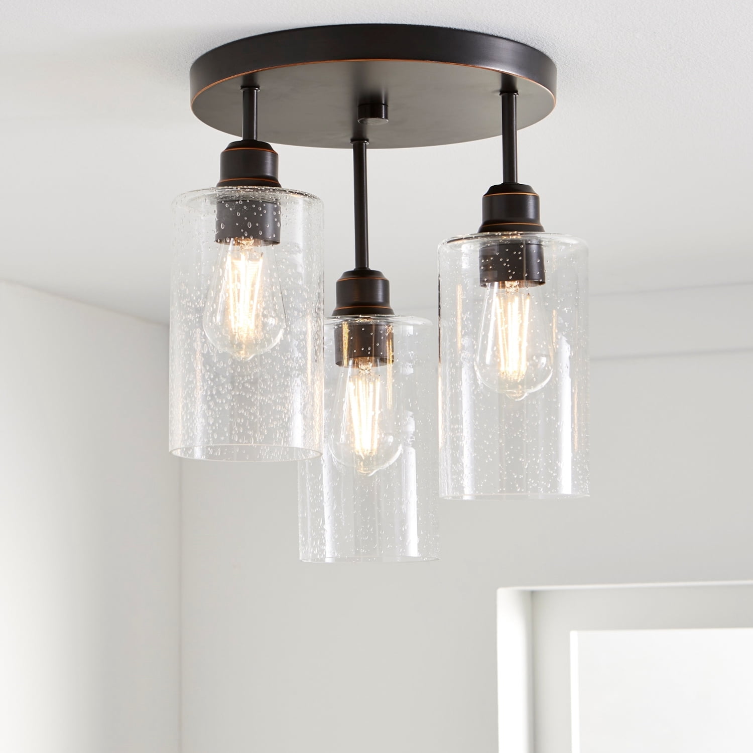 Better Homes & Gardens 13" Farmhouse 3-Light Bronze Flush Mount Ceiling Light, Seeded Glass Shades