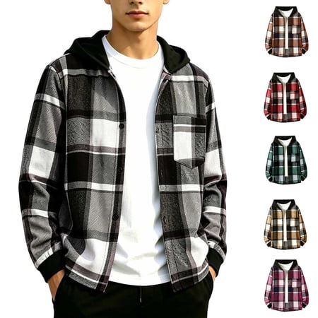 WAVSUF Boys Zip Top Long Sleeve Loose Fit Plaid Printed Fall Casual Hooded Jacket Yellow 14-16