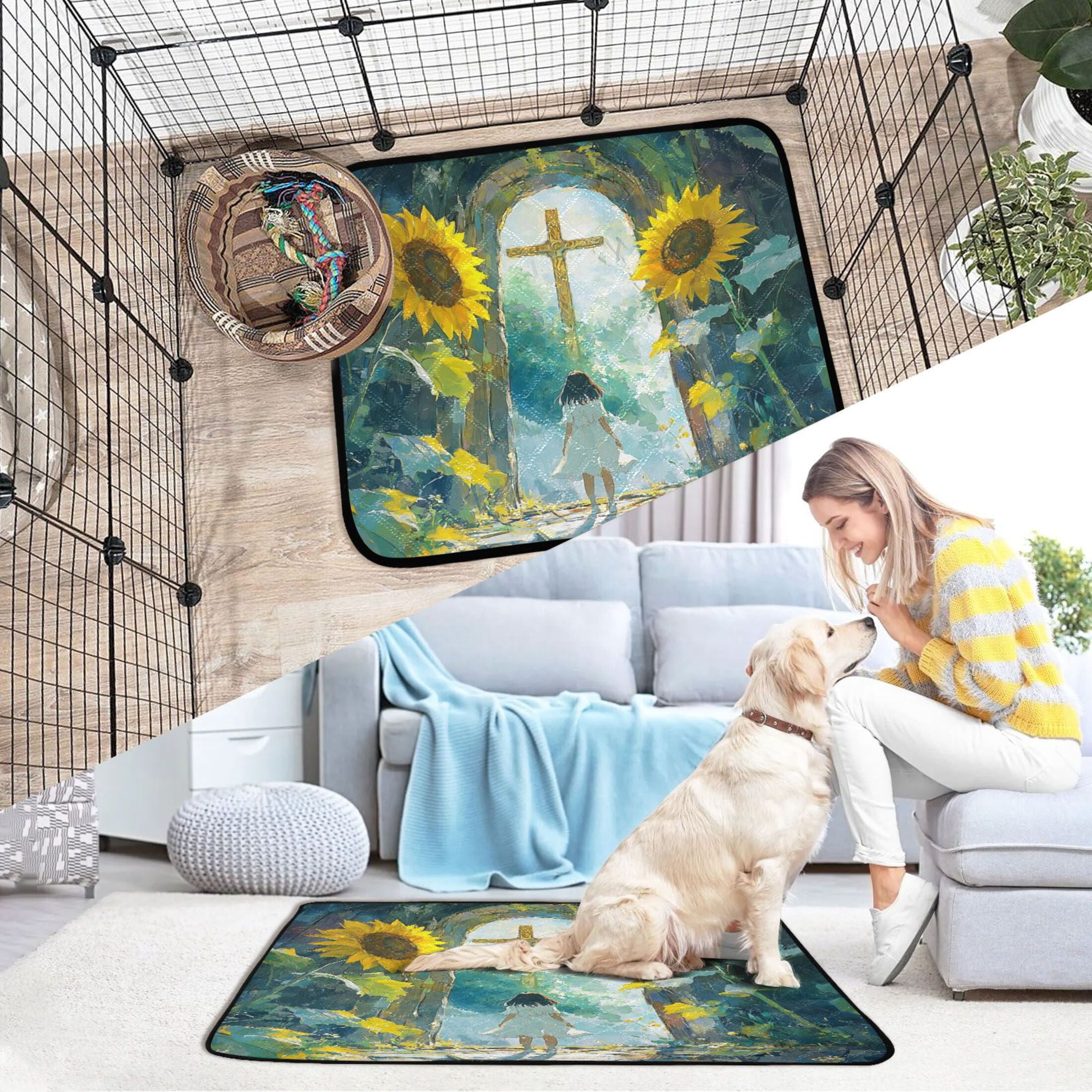 Qxltty Sunflower Gate Cat litter Pads Pet Set of 3 Diaper Mats Center Anti-leakage Layer Absorbent Soft and Comfortable