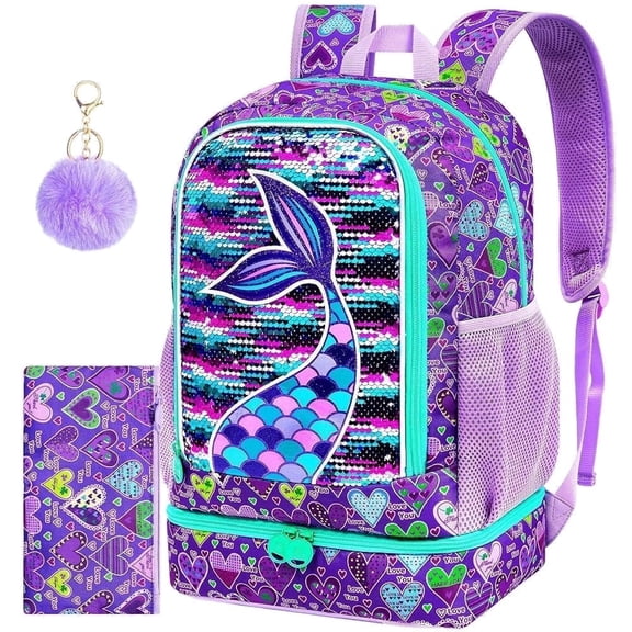 2-in-1 Mermaid Backpack for Girls,School Bookbag with Lunch Bag,17" Water Resistant Backpack for Preschool Elementary Student