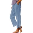 thumbnail image 2 of Blue Womens Sweatpants Women Solid Straight Solid Elastic Pants Long Linen Women Waist Cotton Casual Slit Trouser Legs Pants Casual Pants Women, 2 of 6