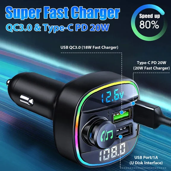 Car Bluetooth Fm Transmitter Radio Mp3 Wireless Adapter Hands-Free 3Port Charger