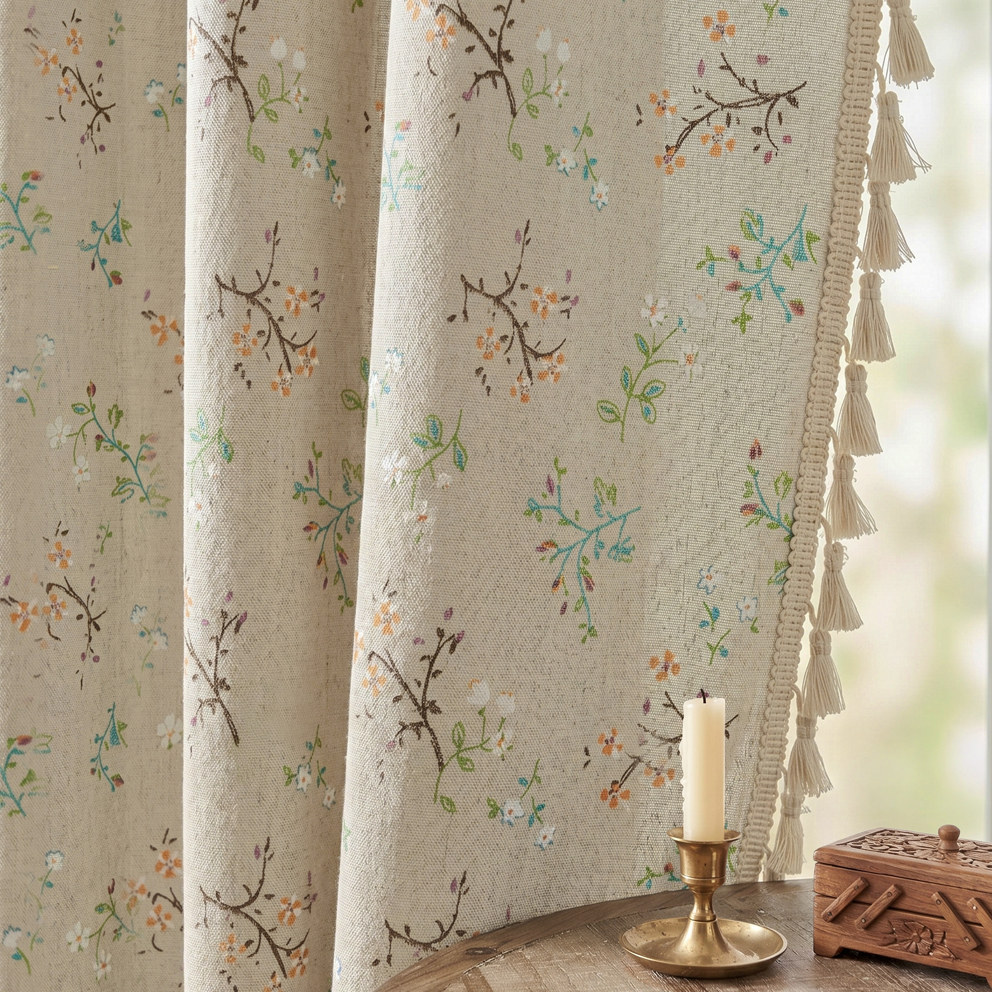 Seasonwood Floral Curtains for Living Room,Semi-Blackout Linen Curtains,1 Panel,59" x 84"