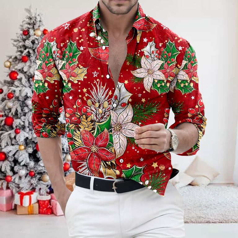 christmas party dress shirts Trendfront Mens Ornament Button Down Long Sleeve Collared Festive Holiday Graphic Winter Shirt Tops Machine washable.