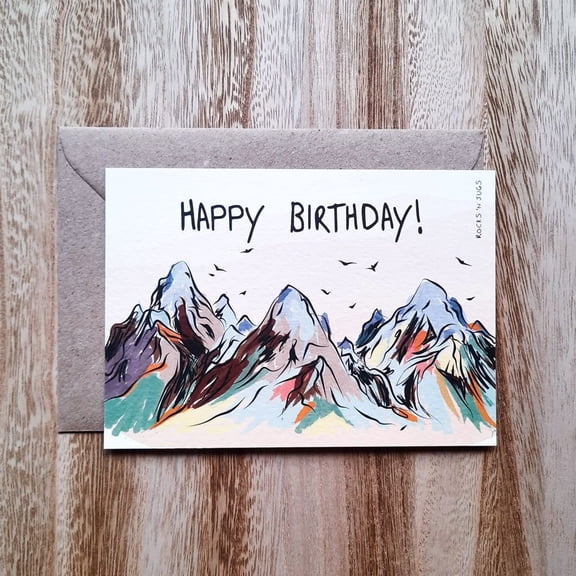 Mountain-Themed Birthday Card – "Happy Birthday!" Design – Includes Envelope, Blank Inside – Perfect for Adventure Lovers and Nature Enthusiasts