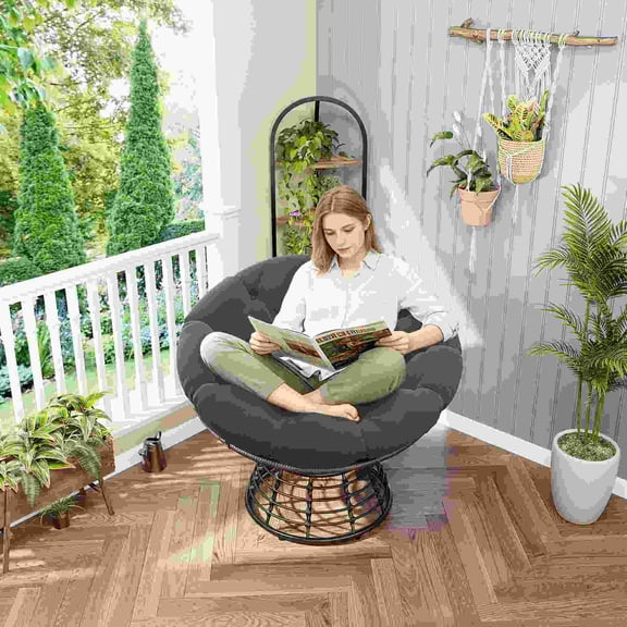 swivel papasan chair for living room, 360° rotating wicker rattan chair with thick cushion, ergonomic steel frame, grey