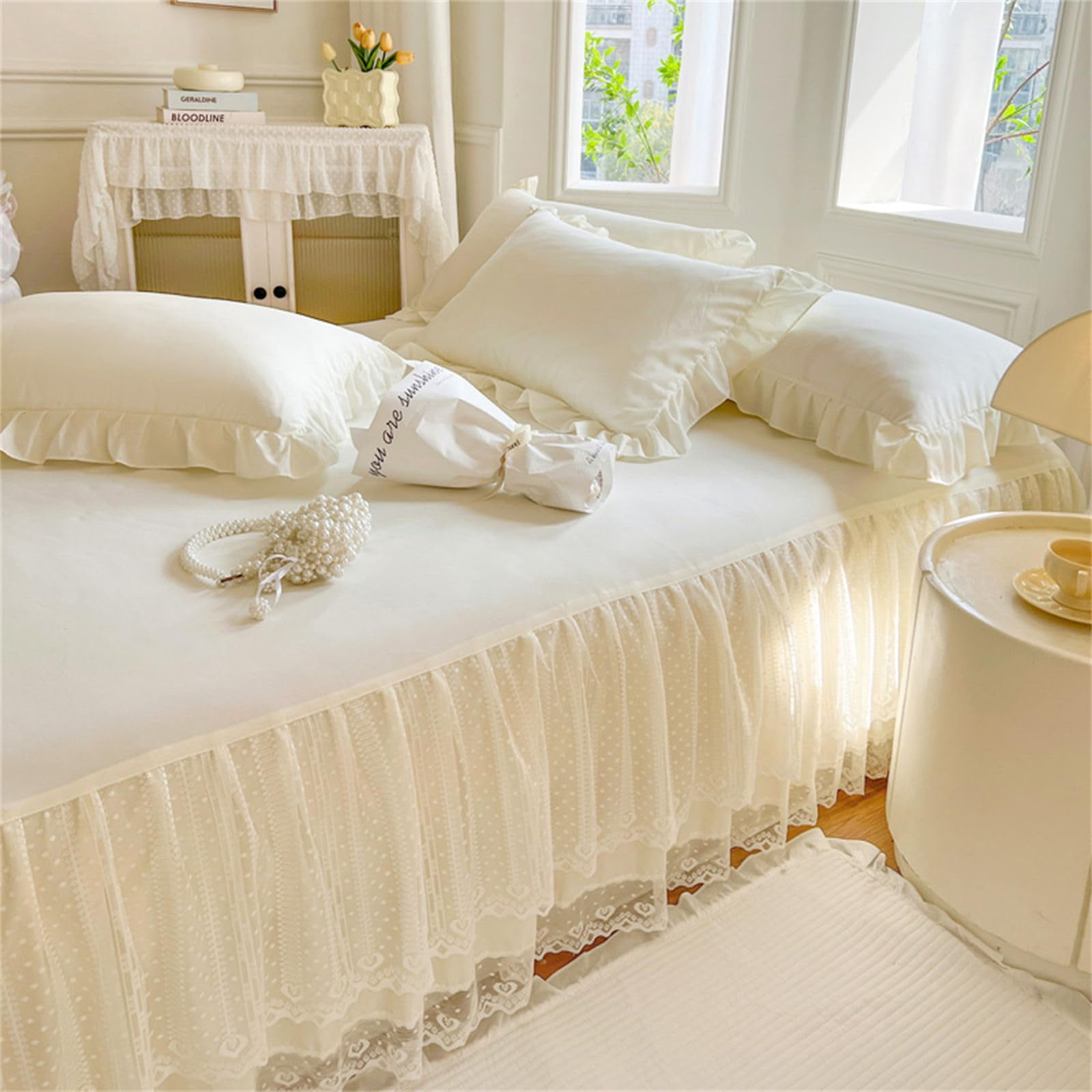Double Layers Lace Ruffle Skirt Bedspread Sheet - French Style Brushed Microfiber Bed Sheet with Frilled Hem