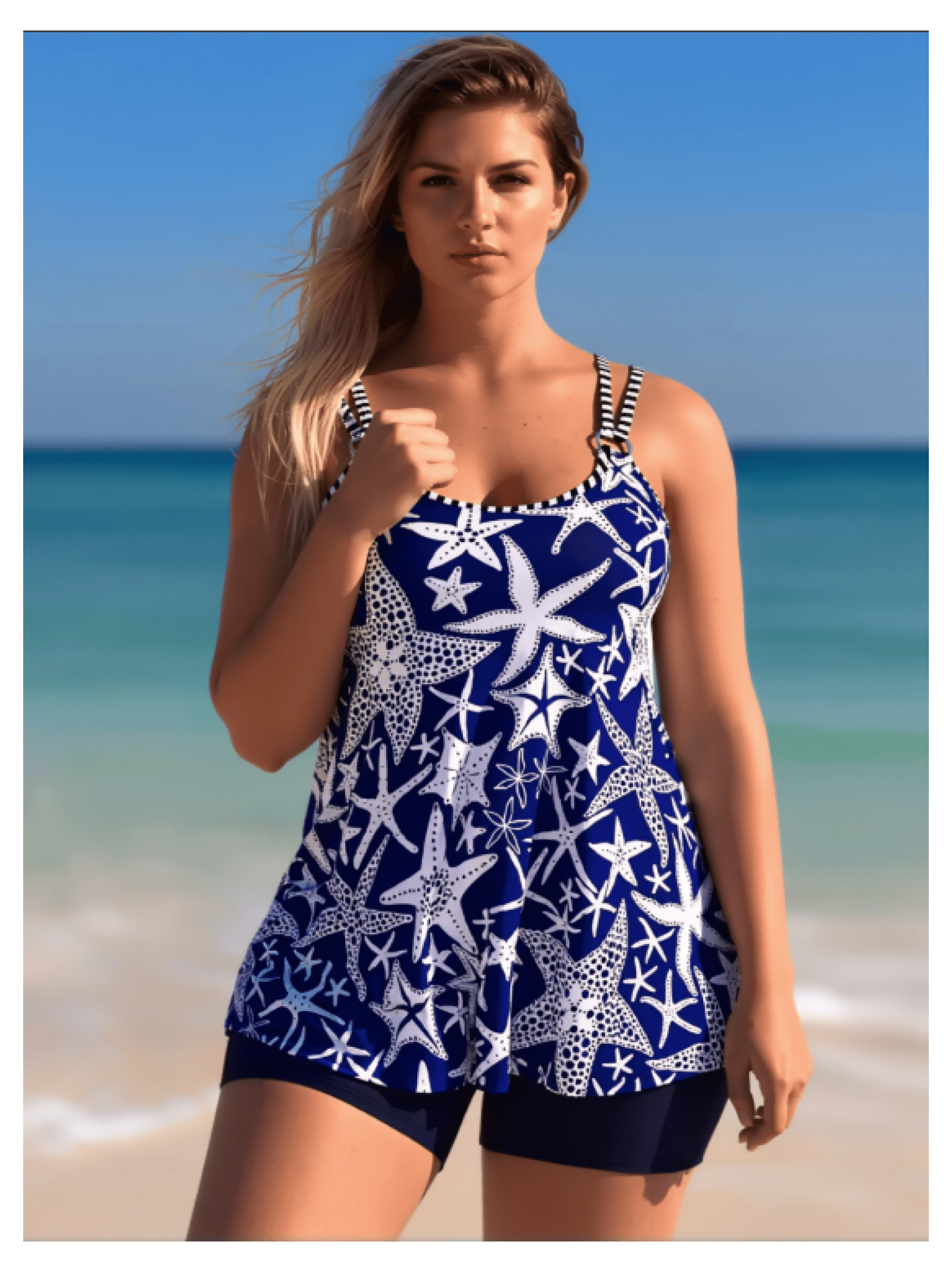 Women's Navy Blue Starfish Print Tankini Swimsuit, Striped Straps Two-Piece with Boyshorts, Sizes XL-XXXXL