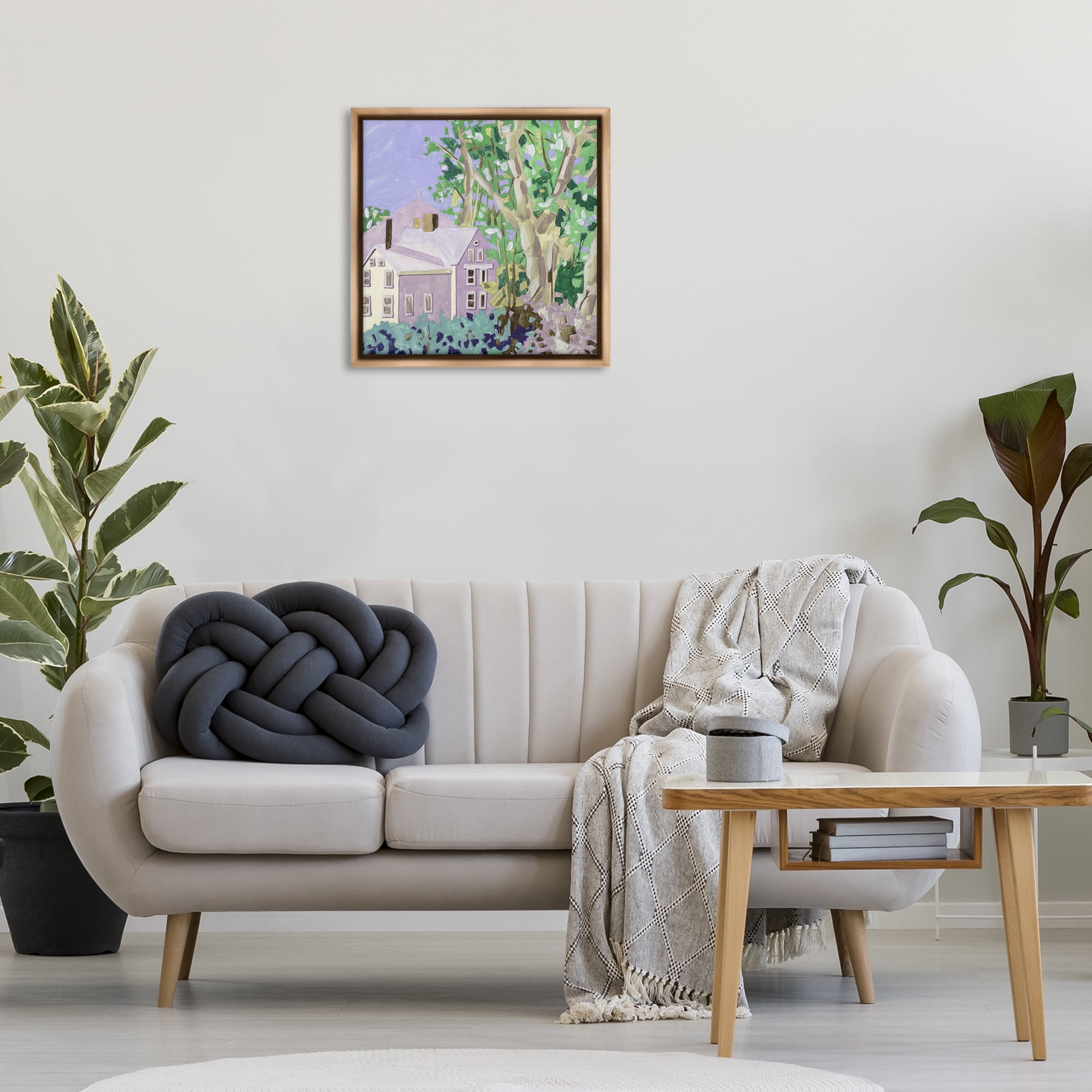 Stupell Industries Building View Through Trees Buildings & Architecture Painting Brown Floater Framed Canvas Art Print Wall Art, 25 x 25