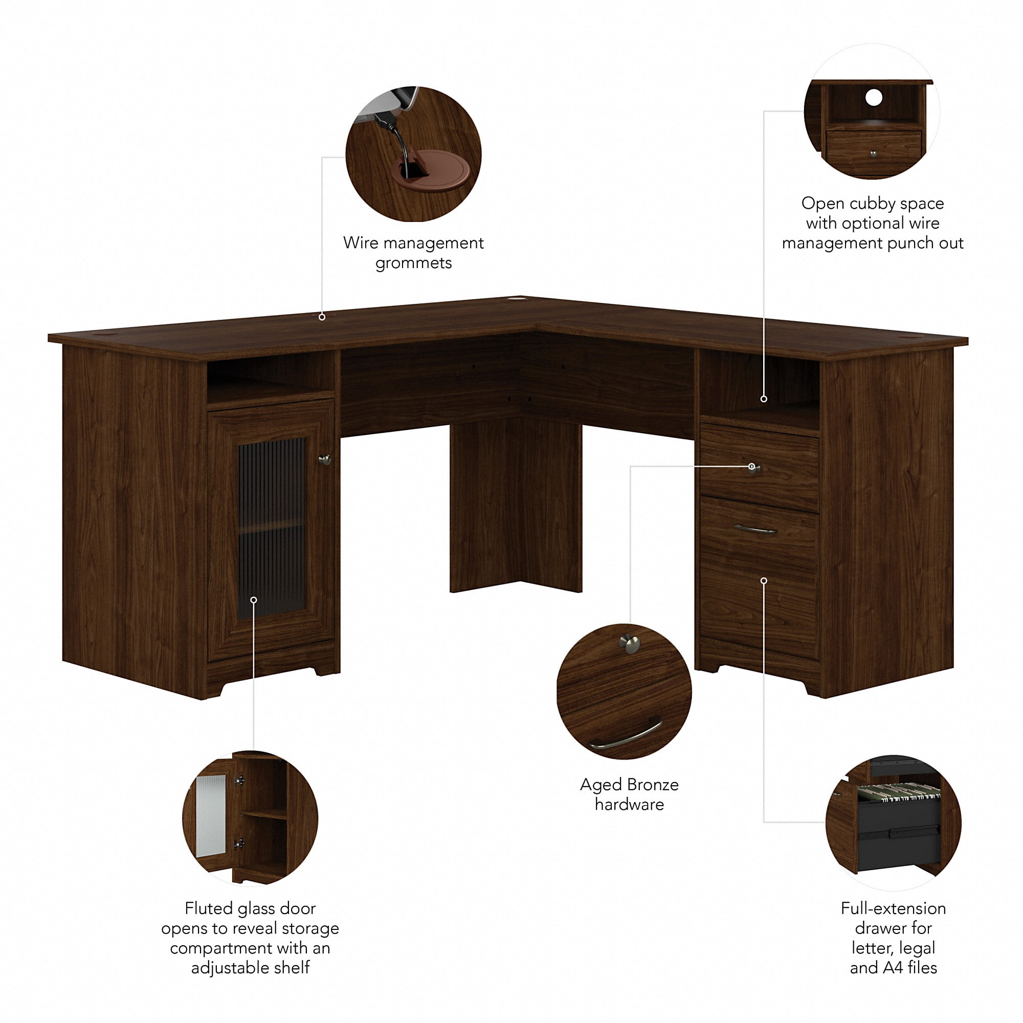 Bush Furniture Cabot 60" L Shaped Desk with Storage, Modern Walnut
