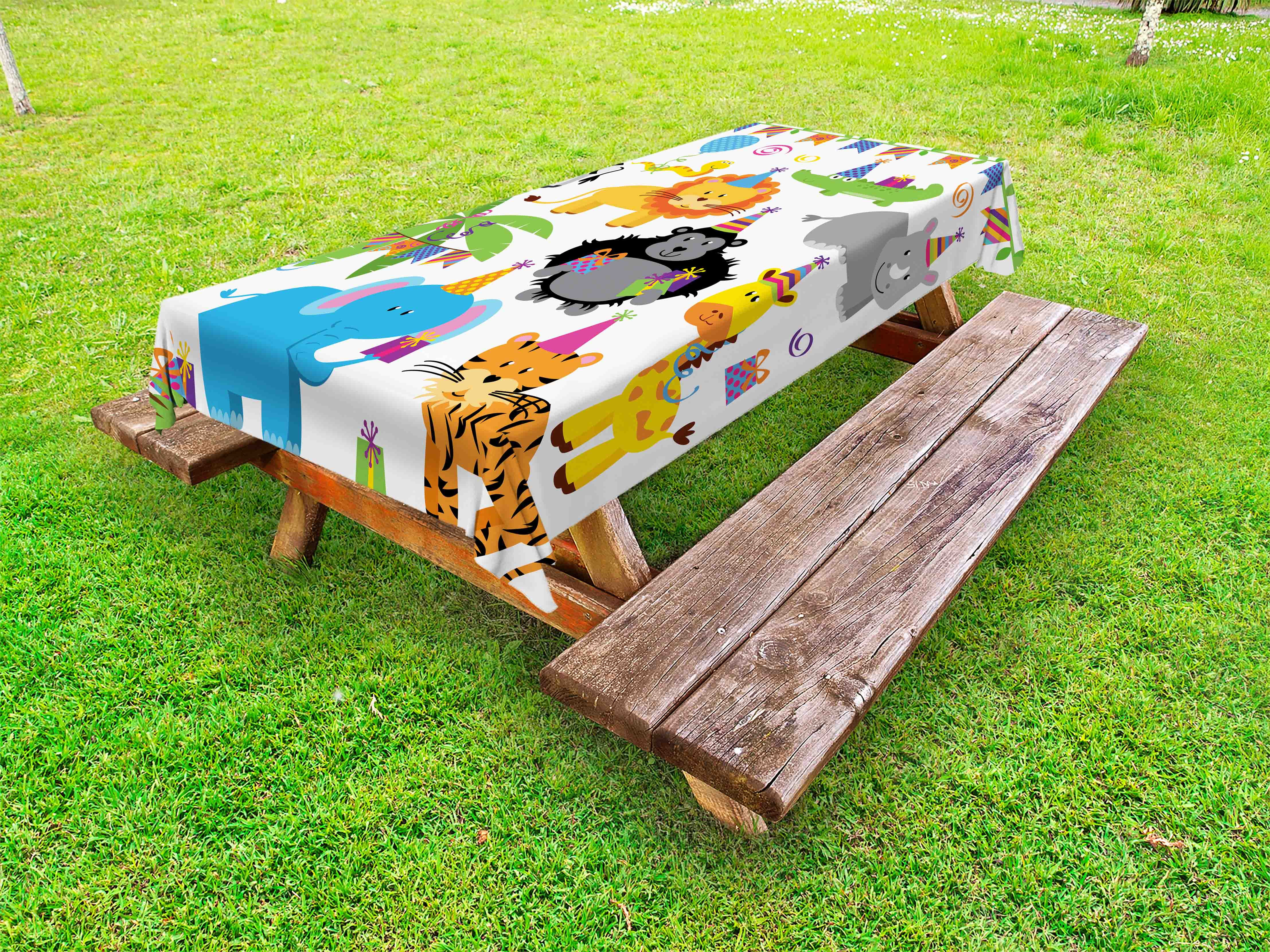 Kids Birthday Outdoor Tablecloth, Jungle Wild Safari Animals in Cartoon Pattern with Party Hats