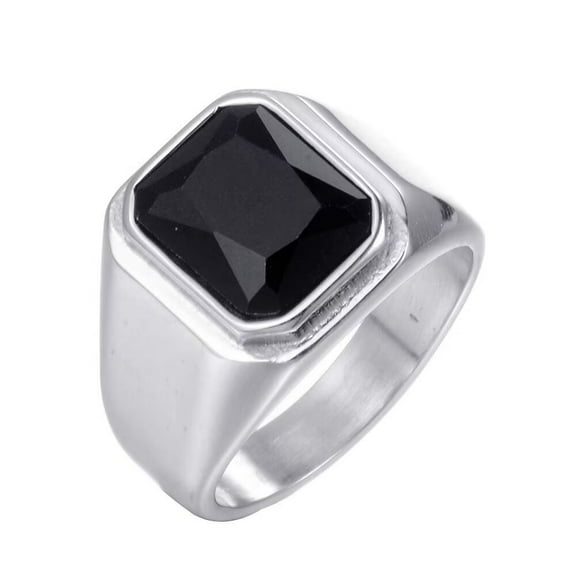 PAURO Men's Stainless Steel Vintage Square Gemstone Ring Silver Plated Side, Black Stone Size 14