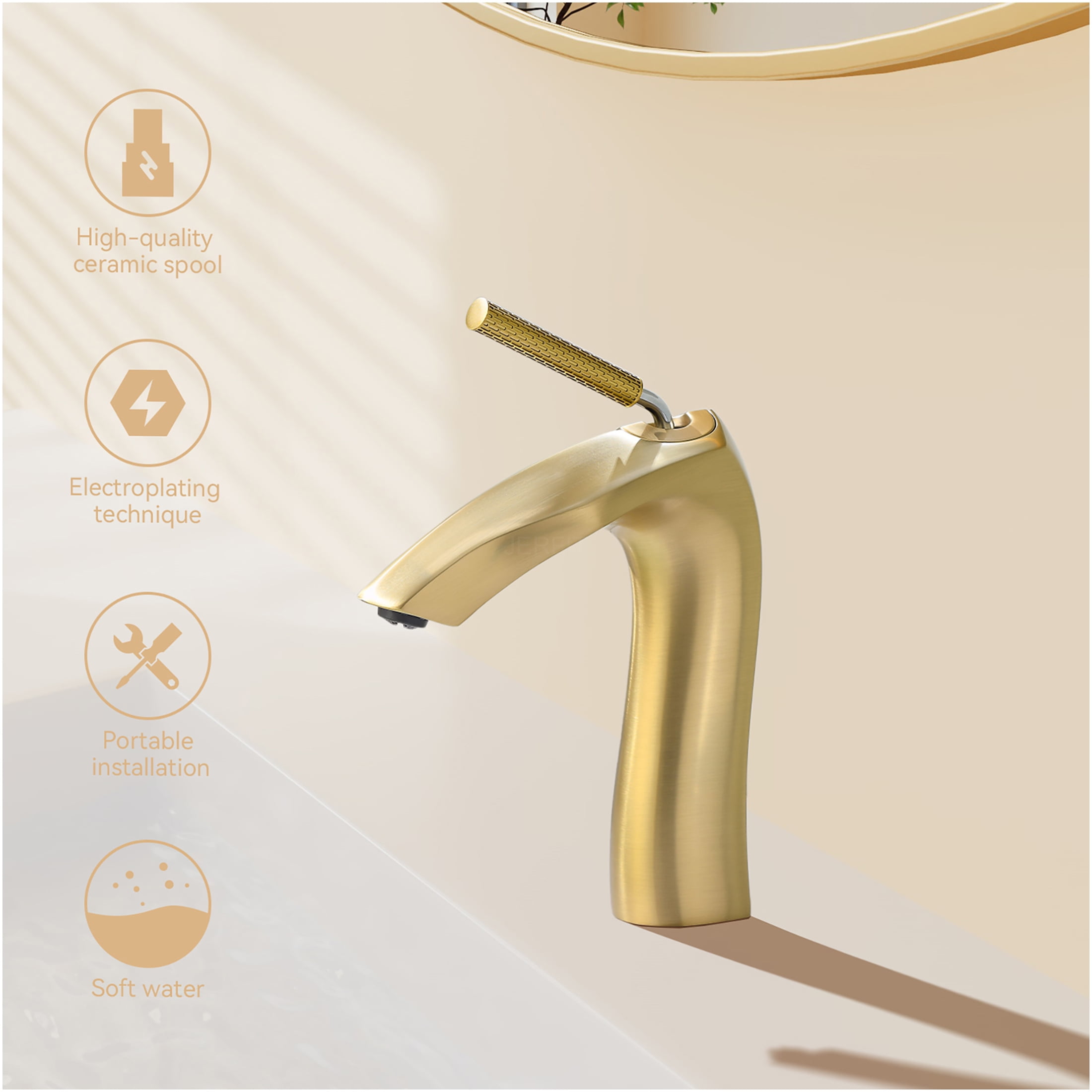 JERFIT Single Handle Bathroom Sink Faucet in Brushed Gold, 1.75 GPM Water-Saving, Deck Mount Single Hole Brass Vessel Lavatory Faucet with Aerated Flow