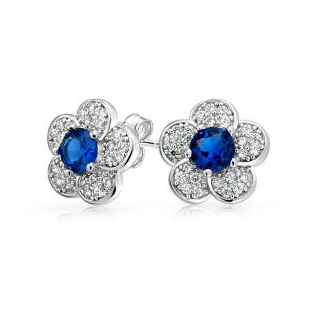 Flower Petals Cubic Zirconia Pave CZ Stud Earrings For Women For Teen Simulated Sapphire Center Silver Plated Brass