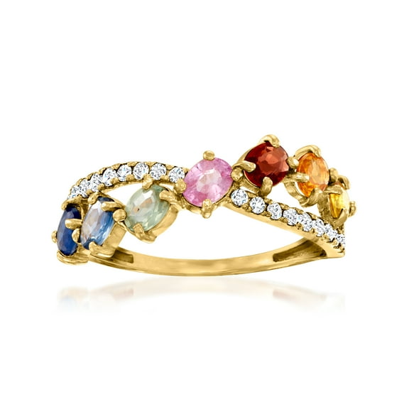 Ross-Simons 1.40 ct. t.w. Multicolored Sapphire and  .19 ct. t.w. Diamond Crisscross Ring in 14kt Yellow Gold, Women's, Adult