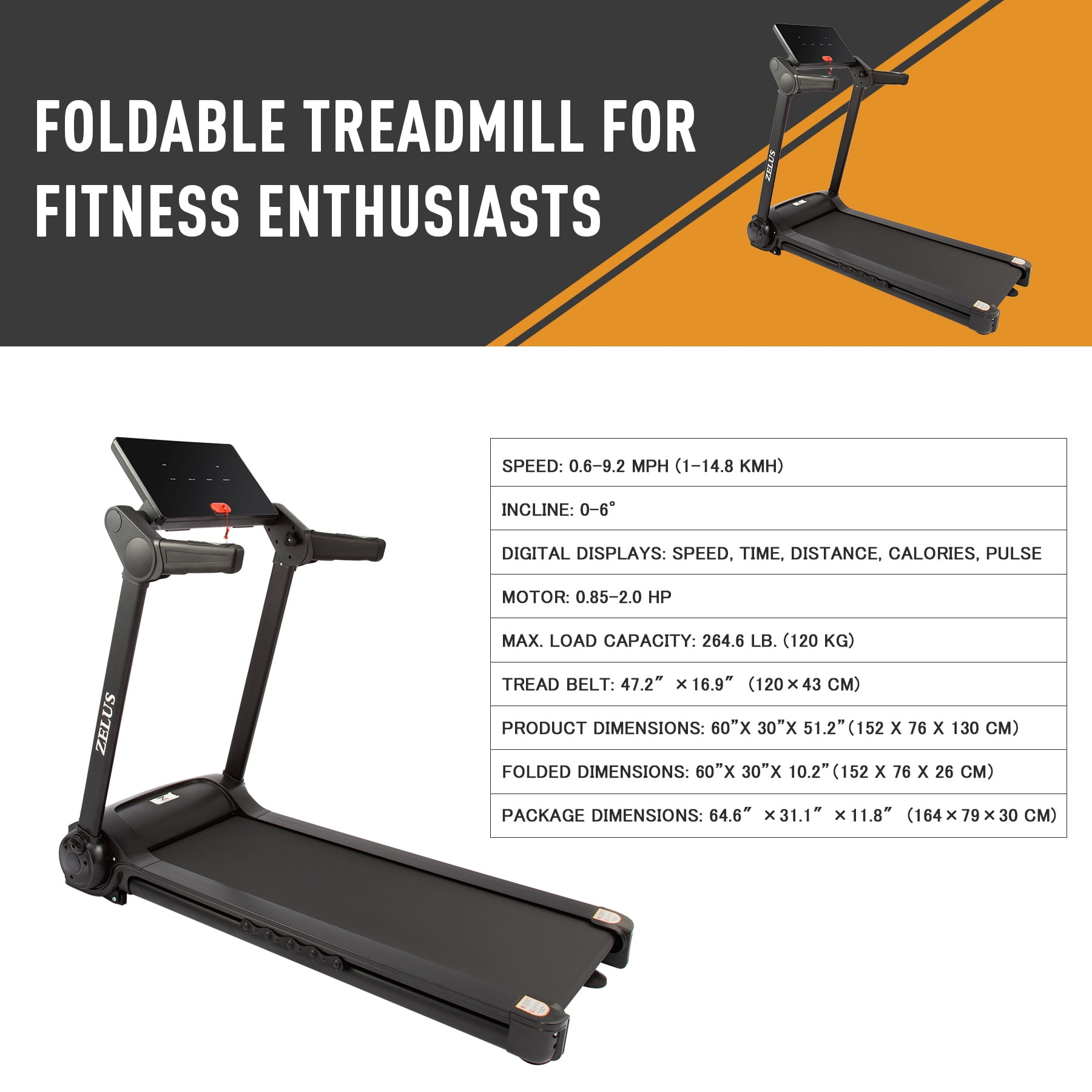 2HP Smart Folding Treadmill with Bluetooth 6deg. Max. Incline 9.2mph Walmart
