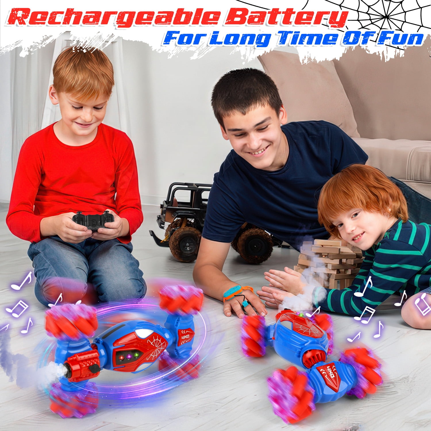 Huge Wave Remote Control Car for Boys, 2.4GHz 4WD Gesture Sensing RC Stunt Car Toys, 360° Rotating Double Sided with LED Lights, Birthday Gift for Kids Aged 4-8