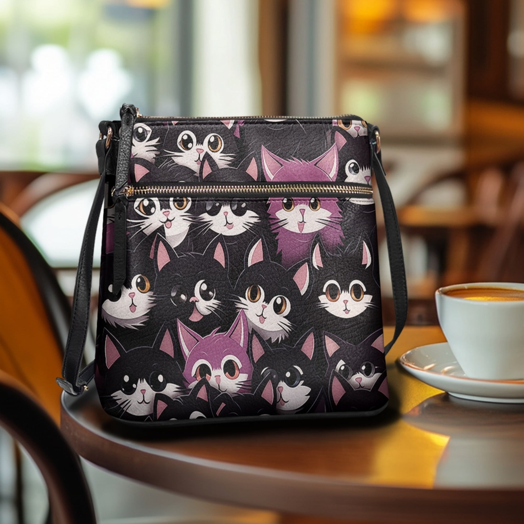 Kuiaobaty Kitten Print Crossbody Bag for Women Medium Size, Roomy Multi Pockets Messenger Purse Crossbody with Adjustable Shoulder Strap, Portable Satchel Purse for Travel & Shopping