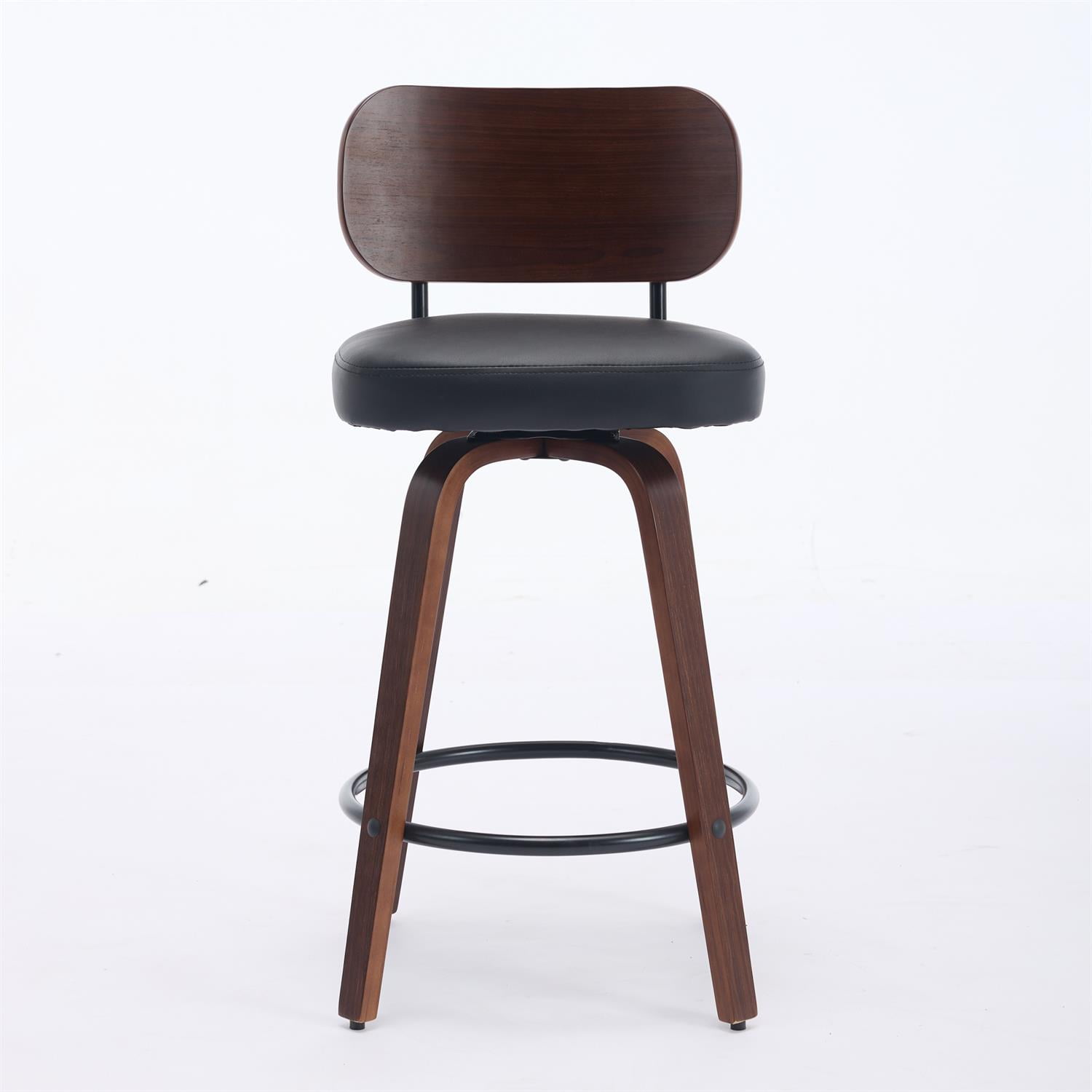 Demi Bonn 35" Swivel Bar Stools Set of 2 with Upholstered Faux Leather， Walnut Back & Bentwood Legs, Counter Height Stools for Kitchen or Bar Seating, Black