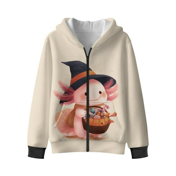Xixirimido Candy Cute Axolotl Printed Hoodies for Girls Zip Up Hoodie Sweatshirt Teen Lightweight Fall Winter Jacket Casual Long Sleeve Pullover Top Velvet Lining, 9-11 Years