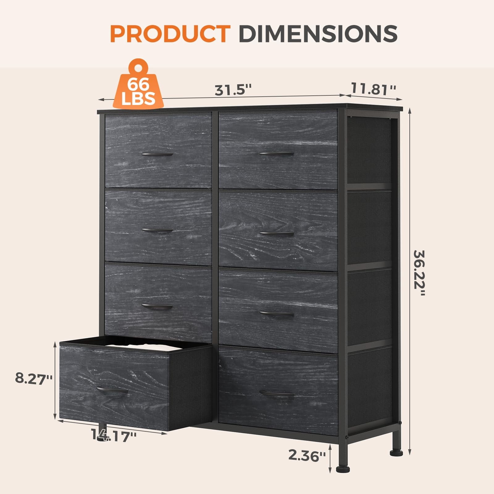 Telyra 8-Drawer Fabric Dresser Tall Storage Tower with Wood Top and Steel Frame Bedroom Closet Organizer, Black Wood Grain